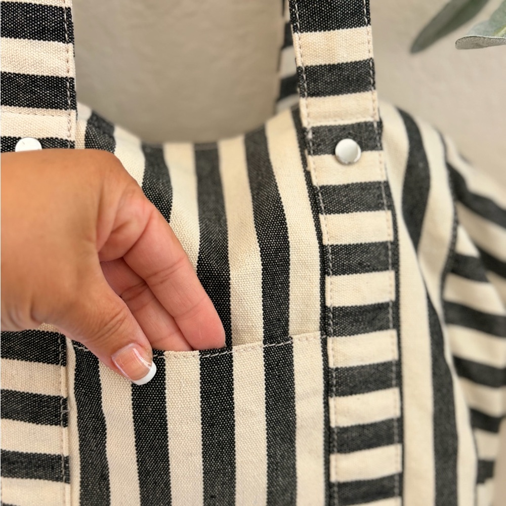 Rae Dunn Black White Striped Canvas Tote Bag Farmhouse Minimalist Shoulder Bag - Picture 4 of 13